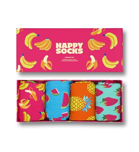 Happy Socks 4-Pack Amazon Banana Box, farbenfrohe und fröhliche, Socken für Männer und Frauen, Grün-Blau-Orange-Gelb-Rosa (41-46)