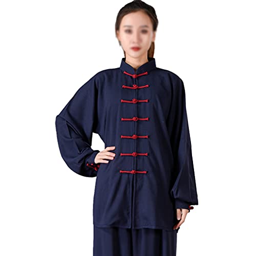 ZHOUXIAO Baumwollleinen Taichi Uniform Frau Stretch Martial Arts Anzug Kung Fu Kleidung Zen Meditation Kleidung Morning Übungen Kleidung Langarm Jacke Hemd Hosen Cyan-XXXL