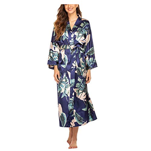 Damen Morgenmantel Seide Robe V-Ausschnitt Kimono Lose Nachtwäsche Print Bademantel Nachtwäsche Damen Hausmantel Roben Nachthemd 003-L