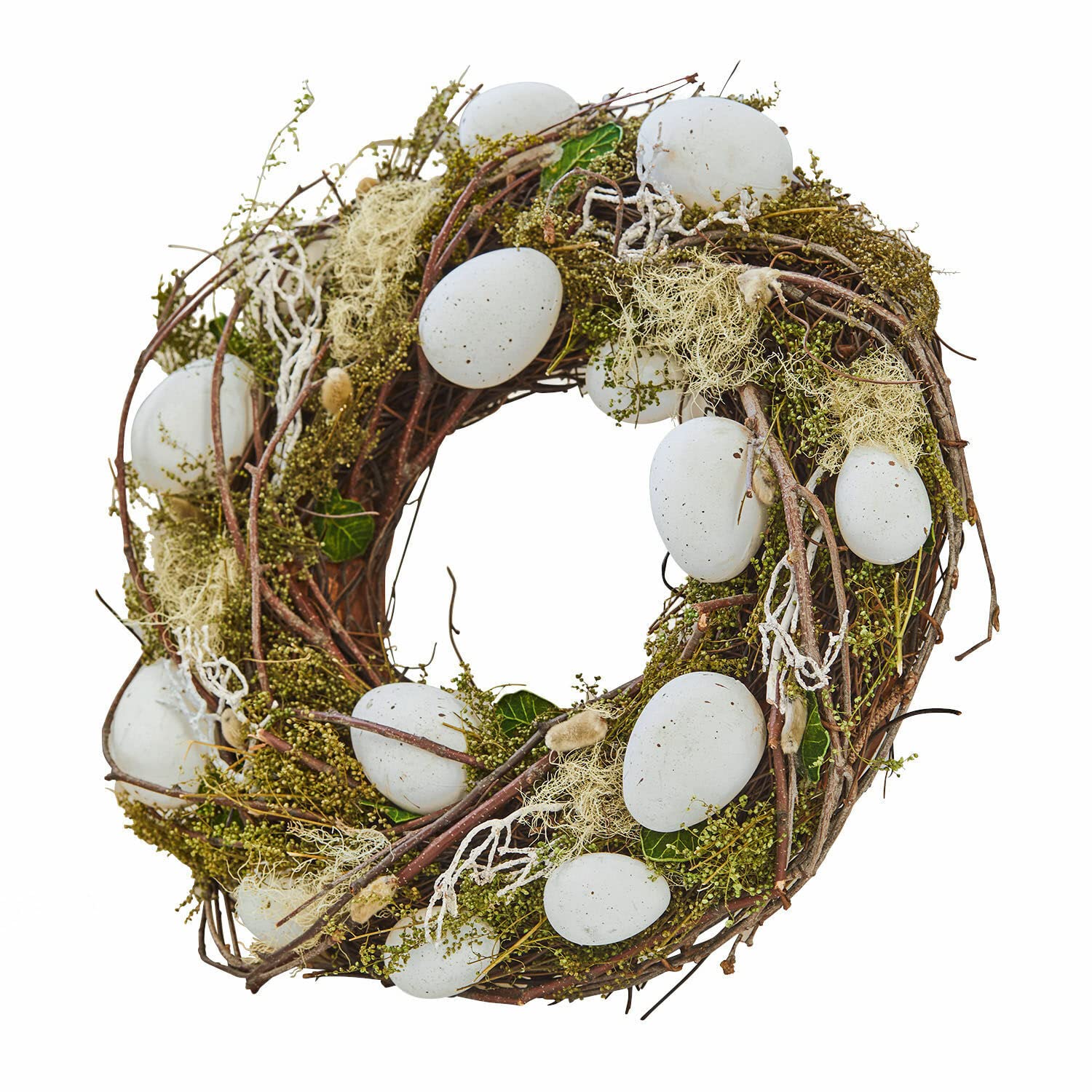 Loberon Eierkranz Lune, mit Naturmaterialien gefertigt, getupfte Kunsteier, besonders langlebig, Ostern, Osterkranz, Osterdekoration, Birkenzweige, Moos, Hartschwingel, grün/weiß