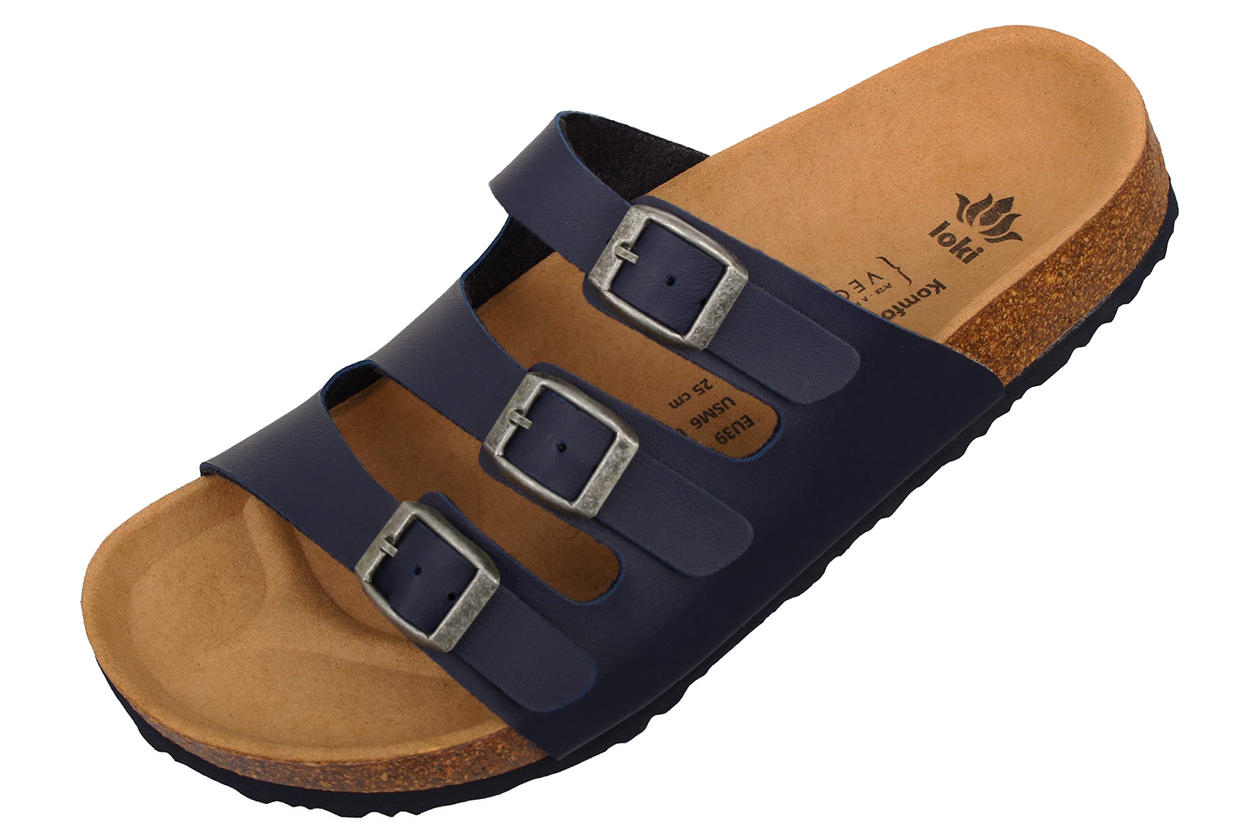 loki ANNA by Pantoletten für Damen I nachhaltig & vegan, PETA-zertifiziert I Sandalen mit flexibler EVA-Laufsohle & Memory-Korkfußbett I 3-Riemer Schlappen, Allergiker-freundlich I 41 in Blau