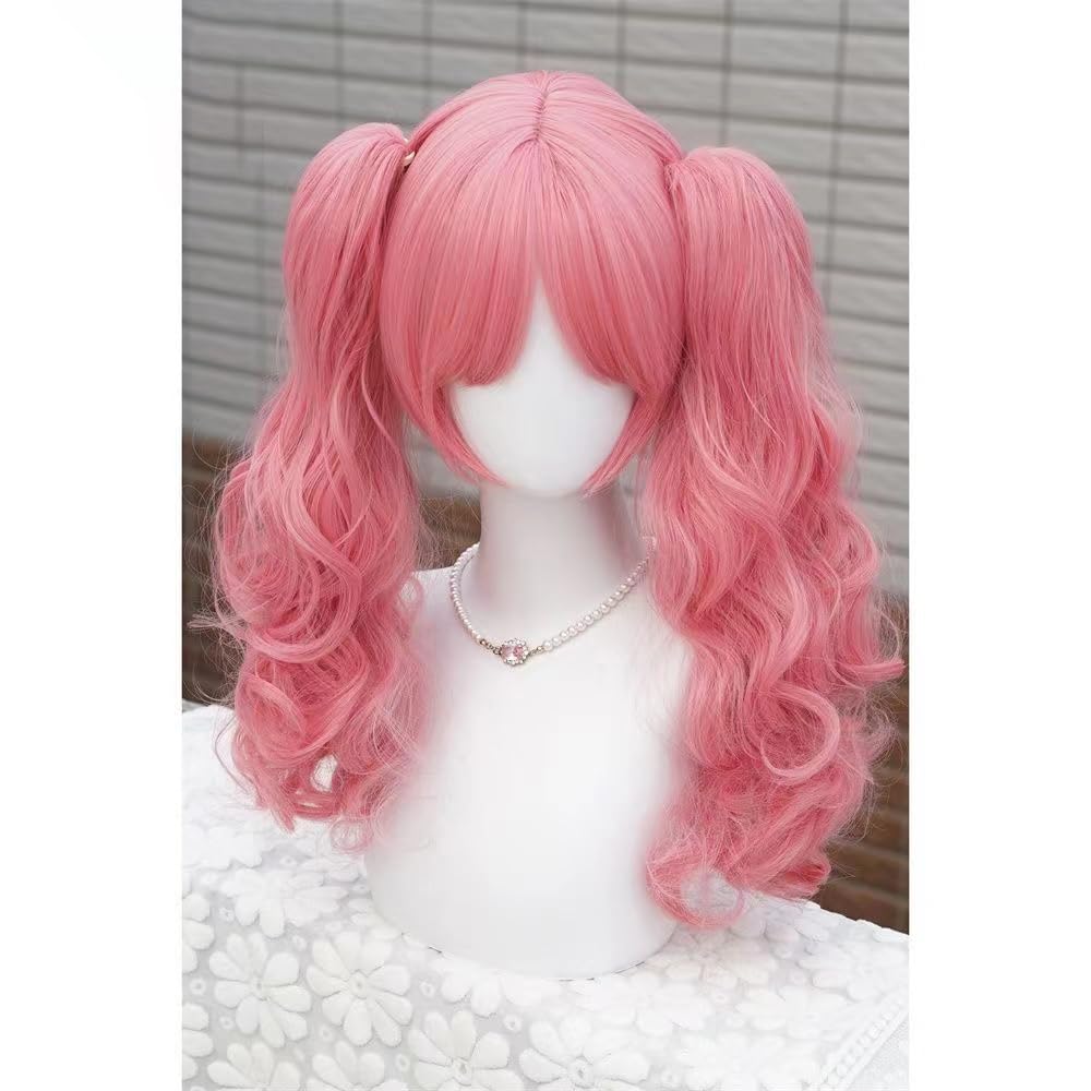 WCCNKK Anime Cosplay Perücke, Rosa Doppel-Pferdeschwanz-Tiger-Mund-Clip Für Langes Haar, Mit Perückenkappe, Für Party Alltag Halloween Perücke, Dekorative Geschenke