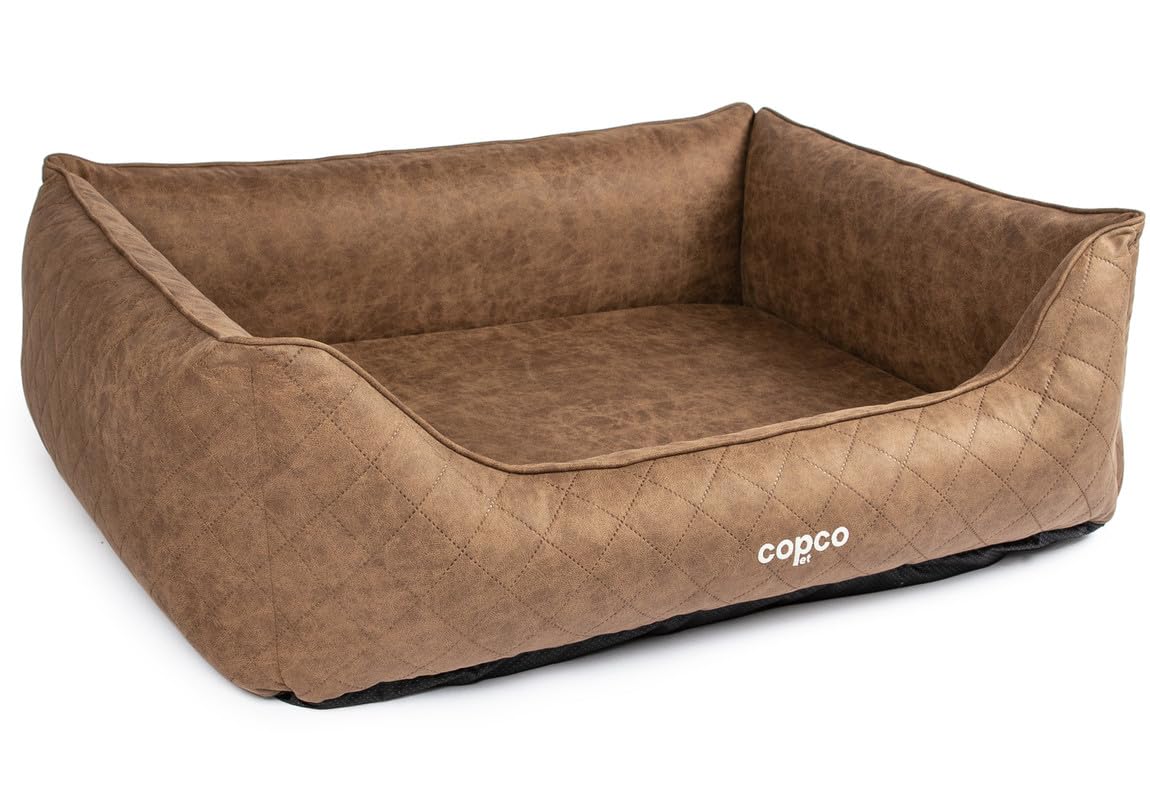 CopcoPet – Orthopädisches Hundebett Hugo in Velourlederoptik XL 110x90cm Braun – Hundekissen Viskose mit abnehmbarem & waschbarem Bezug – Hundekorb mit erhöhten Rändern & Rutschfester Unterseite