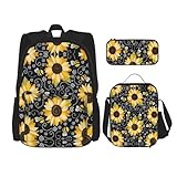 WURTON Sunflower Bee Print Trendy Backpack Bags Lunch Box And Pencil Case 3 In 1 Adjustable Backpack Set, Black, One Size, Schwarz , Einheitsgröße