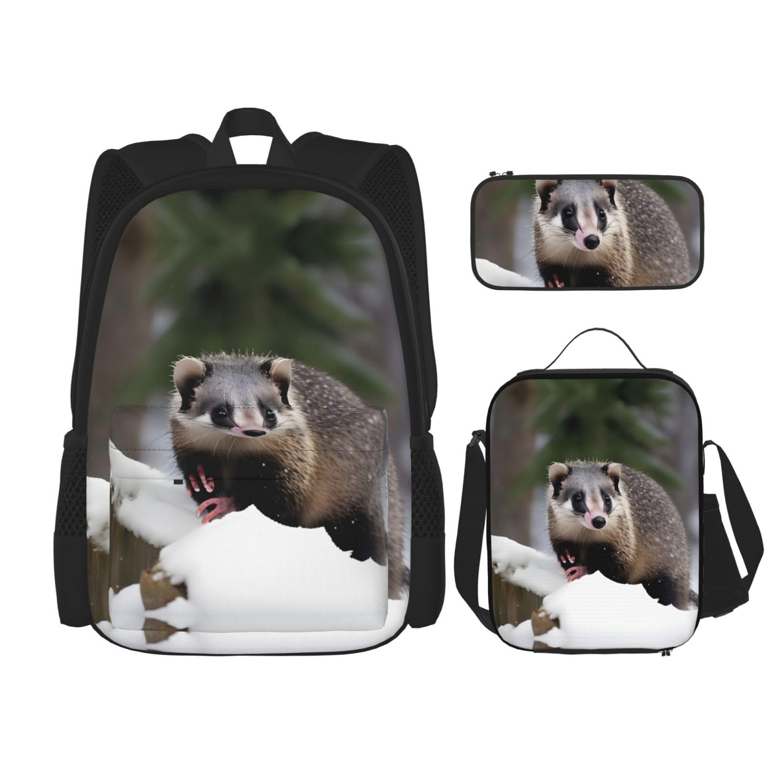 YQxwJL 3-in-1-Rucksack-Büchertaschen-Set, Opossum im Schnee, lässiger Reiserucksack, mit Federmäppchen, Lunchtasche, Opossum in Snow Print, Einheitsgröße