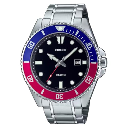 Casio MDV107D-1A3V Herren Edelstahl 200M Rot/Blau Lünette Schwarzes Zifferblatt 3-Zeiger Anlog Taucheruhr, Schwarz, Sport