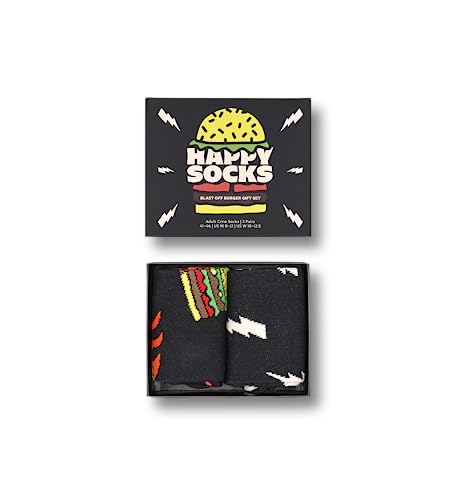 Happy Socks 2-Pack Burger Socken für Damen und Herren, lustige bunte schwarz crew Socken als Geschenk Größe 36-40