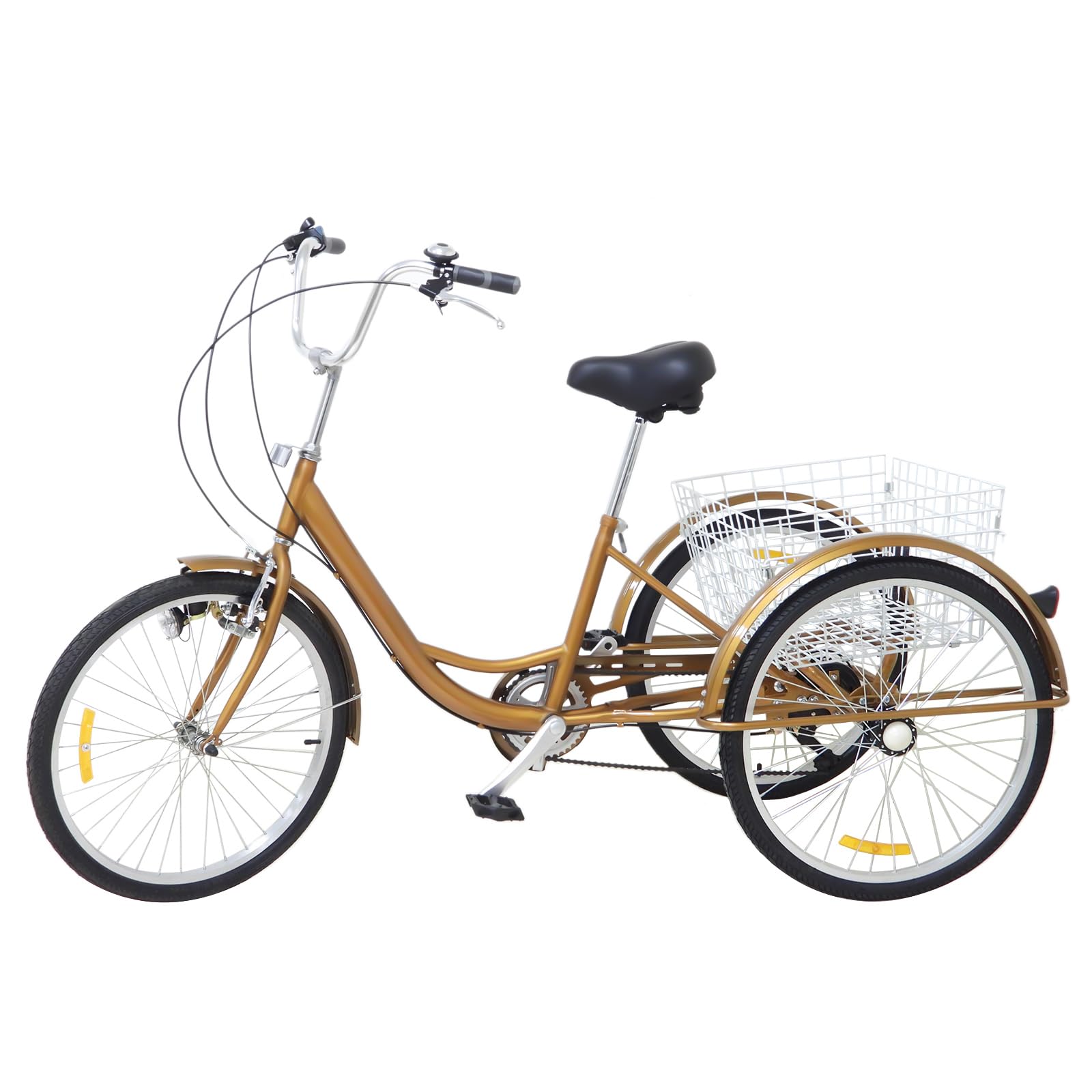 MIIWWOWO Dreirad für Erwachsene 24 Zoll Dreirad Erwachsene Dreirad Fahrrad 6 Gang Fahrrad Dreiräder mit Licht & Korb, Tricycle Adult 3 Rad Fahrrad für Erwachsene Senioren (Gold)