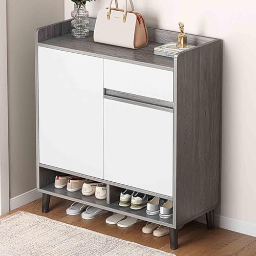 YIHANSS Schuhregal, weißer Schuhschrank mit 2 Türen und 1 Schublade – Organizer-Ständer für den Flur – Schuh-Sideboard für den Eingangsbereich (Holzfarbe, 120 x 32 x 100 cm)