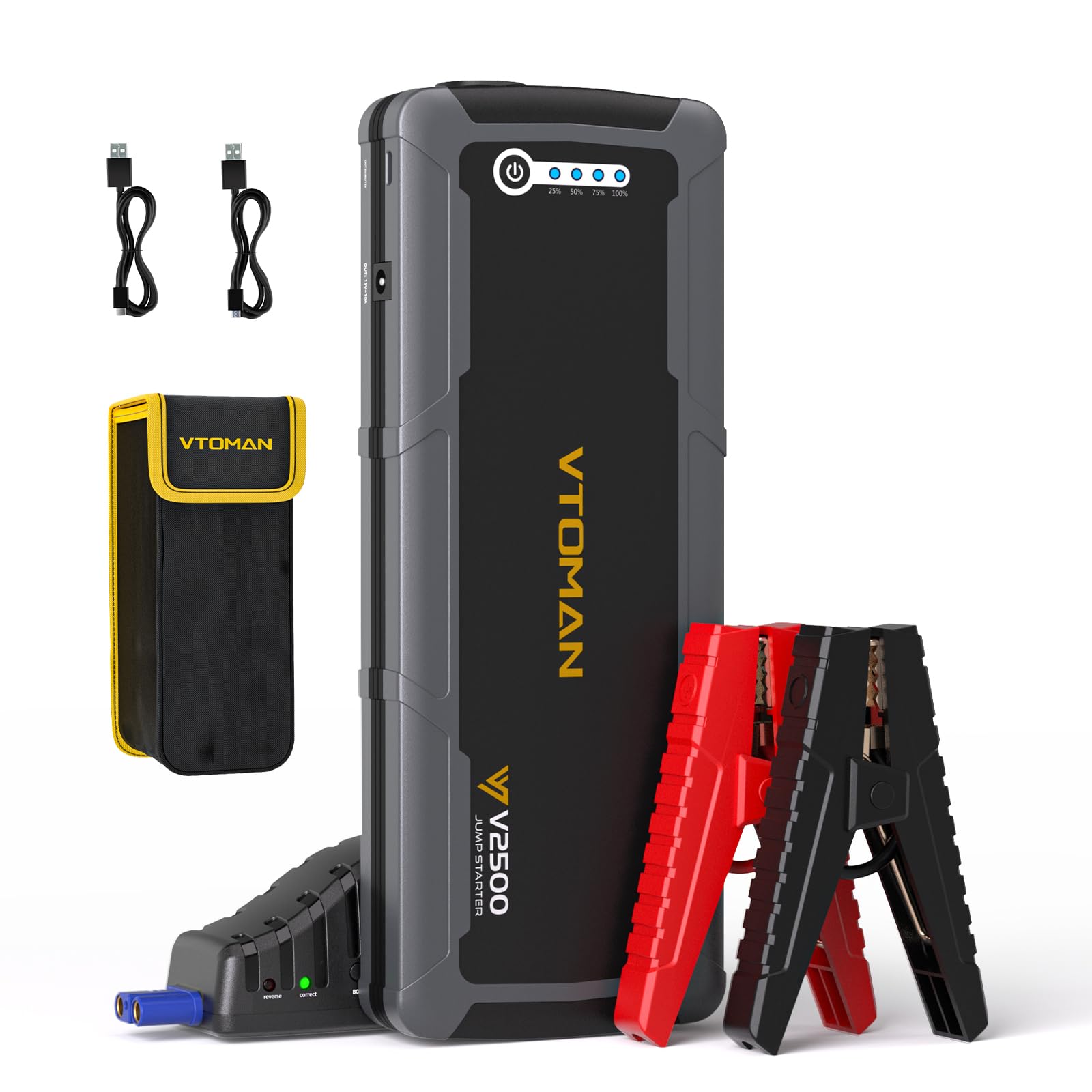 VTOMAN V2500 2500A Starthilfe Powerbank - 12V Auto Starter Powerbank Mit Starthilfekabel, Tragbare Autobatterie Booster Power Bank, LED Taschenlampe, Geeignet für 8L Benzin und 6L Dieselmotoren