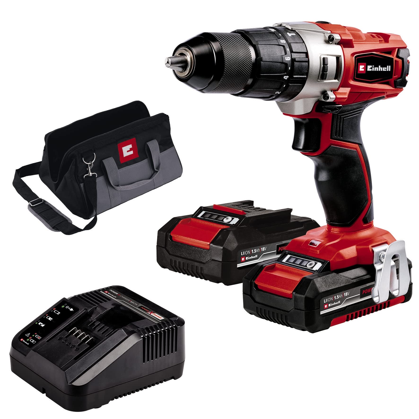 Einhell Akku Schlagbohrschrauber TE-CD 18/2 Li-i Set (18 V, Li-Ion, 13 mm Bohrfutter, Leerlaufdrehzahl 0-1250 min-1, Inkl. 2x1,5 Ah Akkus, Schnellladegerät und Aufbewahrungstasche)