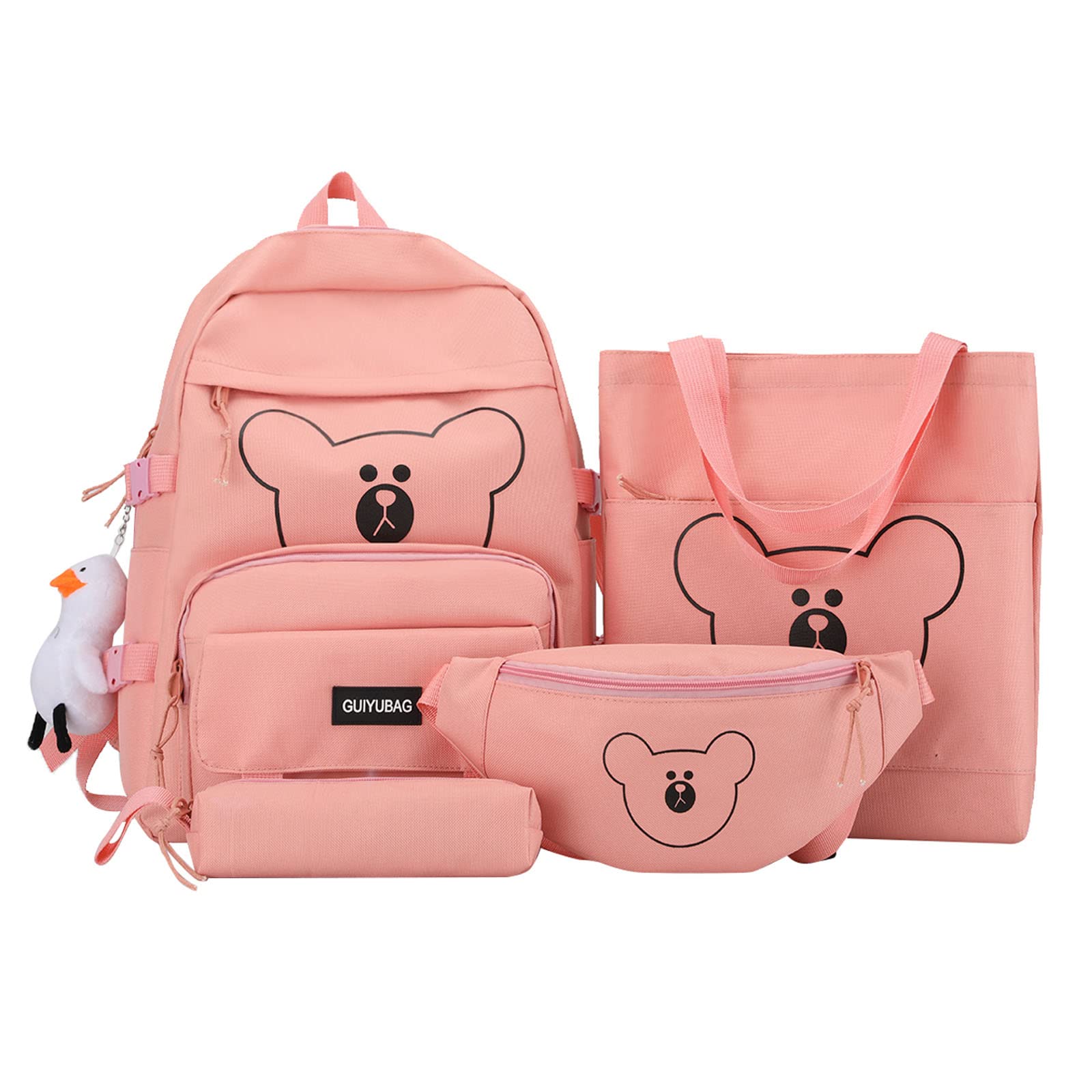 HDKEAN Rucksack, niedlicher Bären-Rucksack mit Hüfttasche, Handtasche, Federmäppchen, Büchertaschen, Schule, für Teenager, Studenten, Reisen, 4 Stück, rose, As shown in the picture