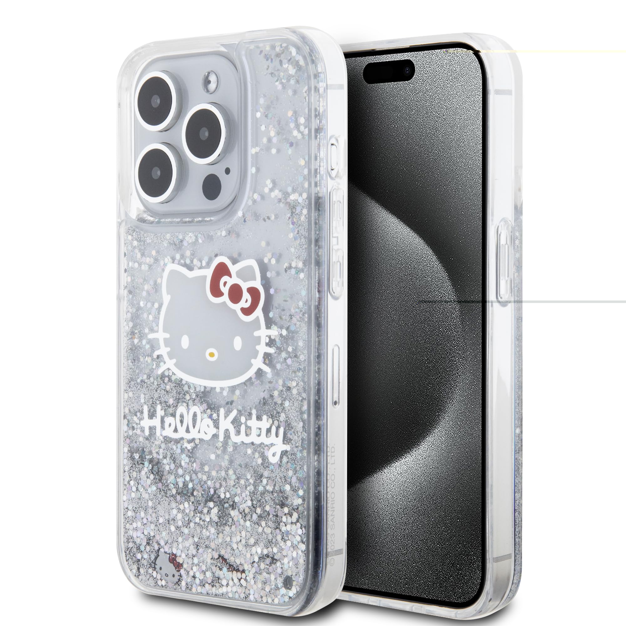 CG MOBILE Hello Kitty HKHCP15LLIKHET Hülle für iPhone 15 Pro 6.1" Silber hardcase Liquid Glitter Charms Kitty Head