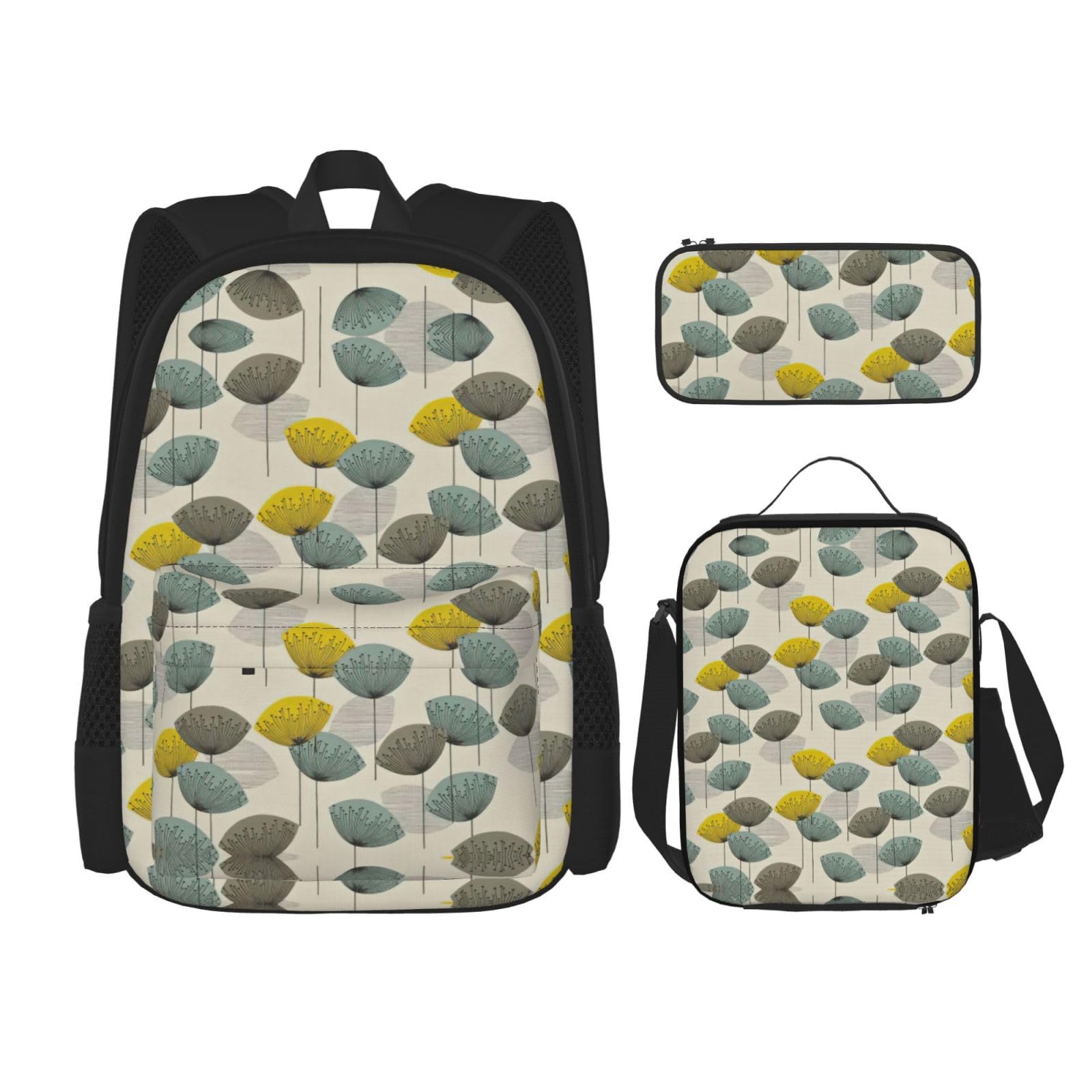 WURTON Rucksack mit Blumendruck, für Mädchen und Jungen, Schultaschen, Teenager, Lunchbox und Federmäppchen, 3-in-1-Büchertaschen-Set