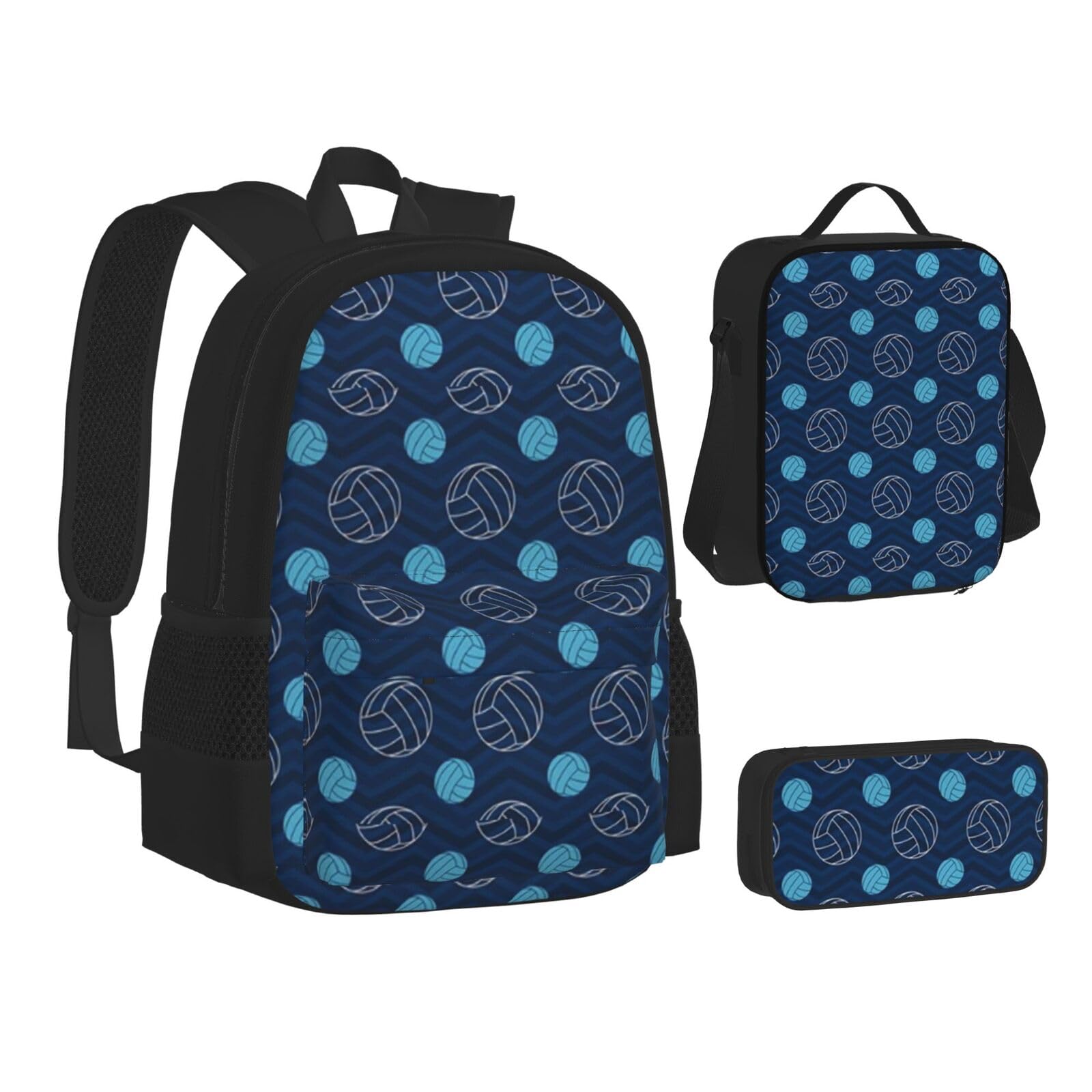 WURTON Blauer Volleyball-Rucksack für Teenager, 3-in-1 (Federmäppchen + Schultasche + Lunchtasche)