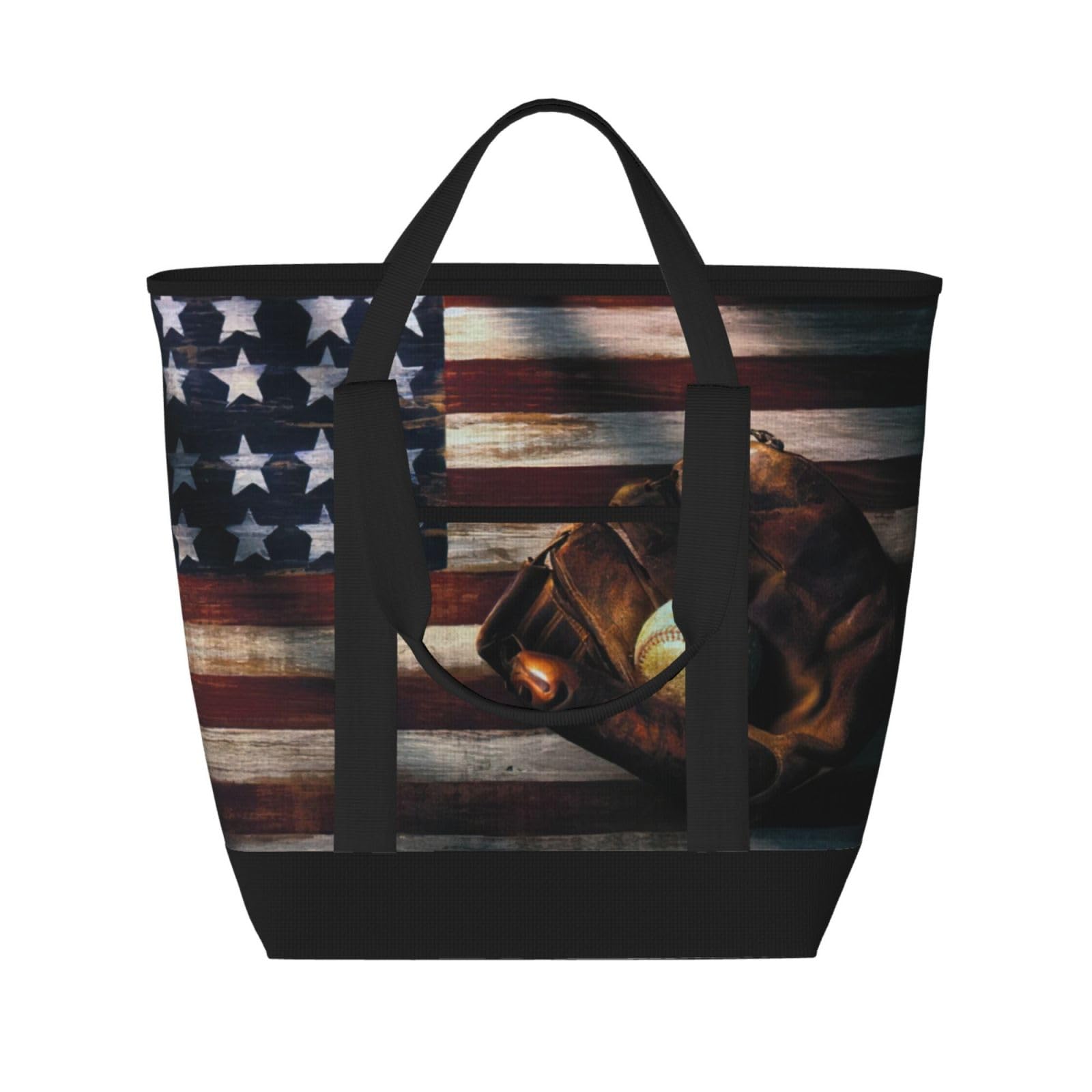 YQxwJL Einkaufstasche mit amerikanischer Flagge, Baseball-Druck, großes Fassungsvermögen, isolierte Lunchtasche, wiederverwendbare Einkaufstasche mit Reißverschluss für Damen und Herren