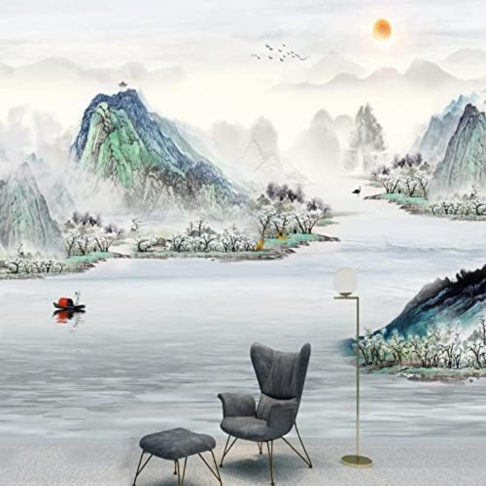 XLMING Tuschemalerei Natur Landschaft Bergsee 3D Tapete Wohnzimmer Sofa Schlafzimmer Esszimmer Home Dekoration Wand-430cm×300cm