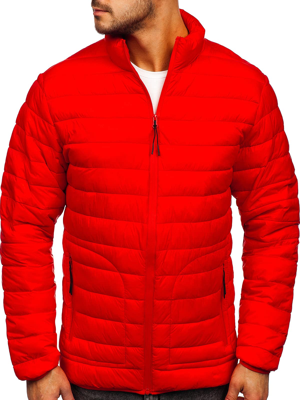 BOLF Herren Übergangsjacke Steppjacke Stehkragen Daunenjacke Reißverschluss Sportjacke Zip Wärme Freizeit Sport Basic Outdoor Casual Style J.STYLE 13007 Rot M [4D4]