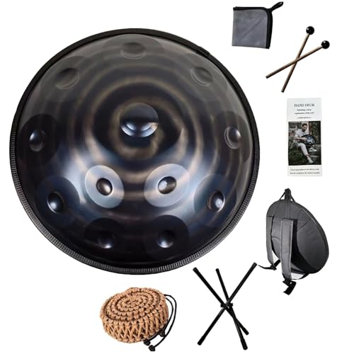 22-Zoll-Stahl-Handtrommel, 9/10/12 Noten Handpan-Drum-Instrument, D Moll Stahl Musik Handpan Drum Percussion Instrument mit Handpan Tasche, Trommelstöcken, Trommelstativ und Reinigungstuch