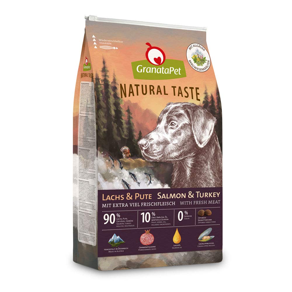 GranataPet Natural Taste Lachs & Pute, Trockenfutter für Hunde, Hundefutter ohne Getreide & ohne Zuckerzusätze, Alleinfuttermittel für ausgewachsene Hunde, 12 kg