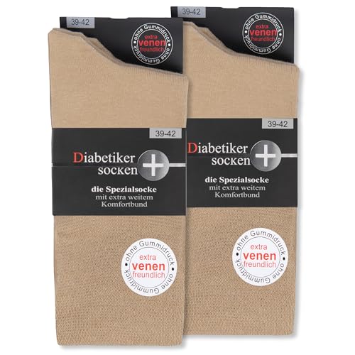 6 Paar Socken mit Komfortbund ohne Gummi & ohne Naht 97% Baumwolle Damen & Herren Diabetiker Socken 26803 (Beige 43-46)