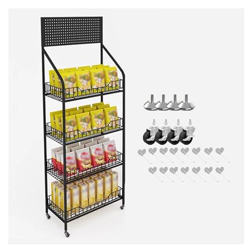 SaryEdge Schwarzes Snackregal, 4-stufiges Lagerregal aus Metalldraht mit Rädern, Supermarktkorbständer für Küche und Zuhause (Farbe: Schwarz, Größe: 50 x 27 x 140 cm) (Schwarz 50 x 27 x 140 cm