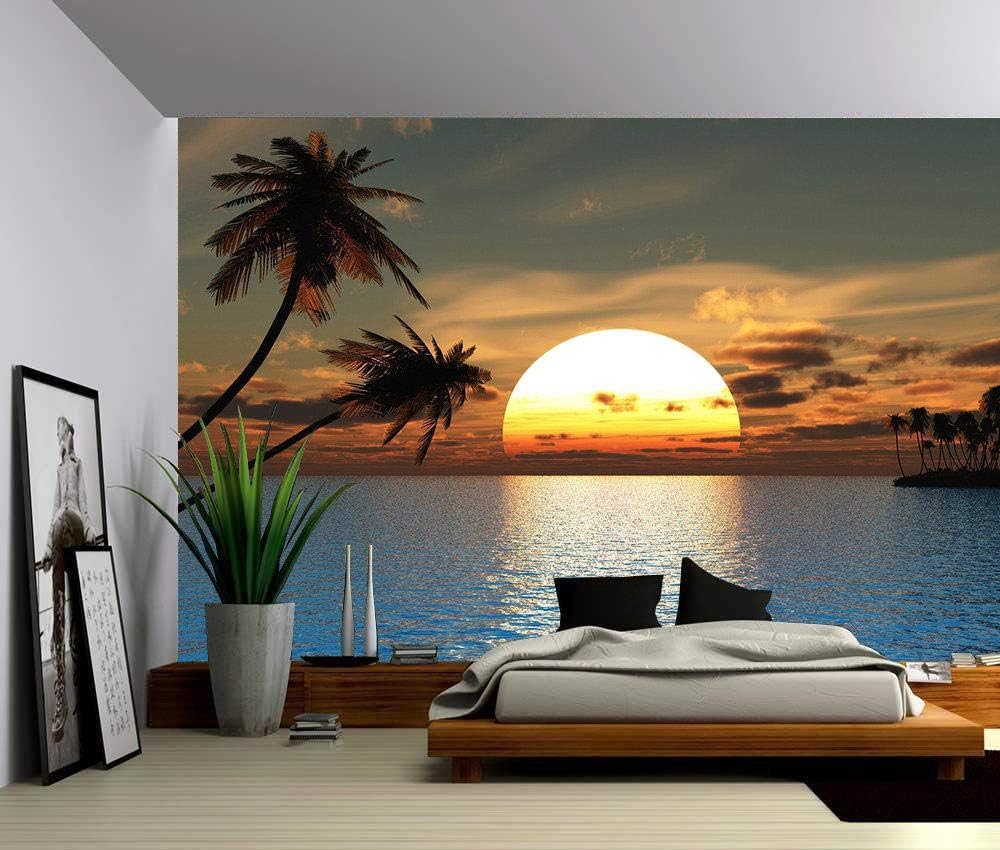 Sonnenuntergang Meer Palmen 3D Tapete Poster Restaurant Schlafzimmer Wohnzimmer Sofa TV Dekorative Wand-150cm×105cm