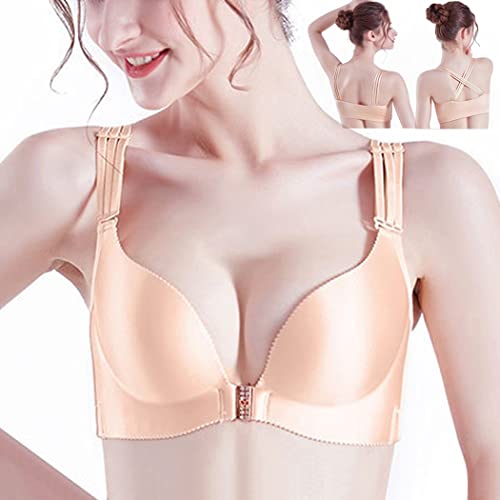 ZESLIV Damen BH Vorderverschluss ohne Bügel 90A Hautfarbe Push Up BH mit 3 Sätze Schultergurte große größen Frauen Wohlfühl Bustier Strass Bra