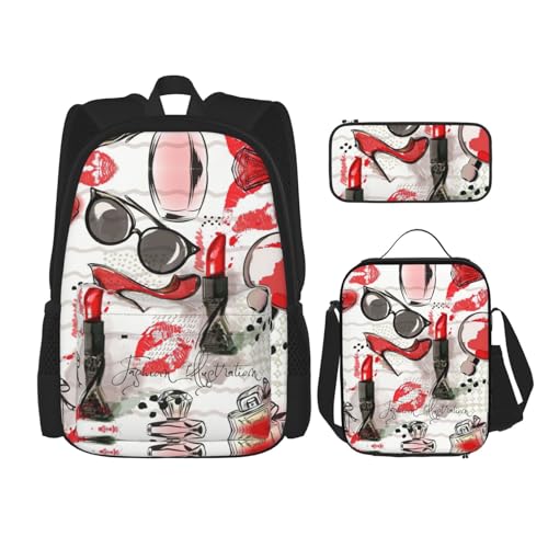 WURTON Kosmetik-Lippenstift, Parfüm, Kunstdruck, Schulter-Rucksack, 3-in-1, Büchertaschen-Set, Lunchbox, Federmäppchen, Reise-Laptop, Tagesrucksäcke, Schwarz, Einheitsgröße