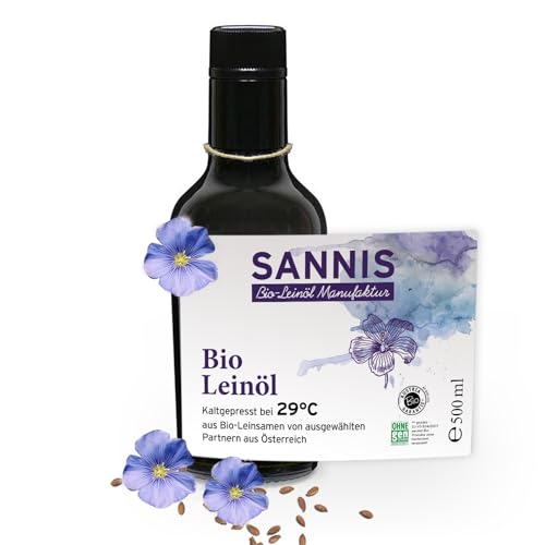 Sannis Bio-Leinöl extra nativ 500 ml I Leinsamenöl aus kontrolliert biologischem Anbau I kaltgepresst & ungefiltert I reich an Omega-3-Fettsäuren I nussig milder Geschmack ideal für Salat & Joghurt