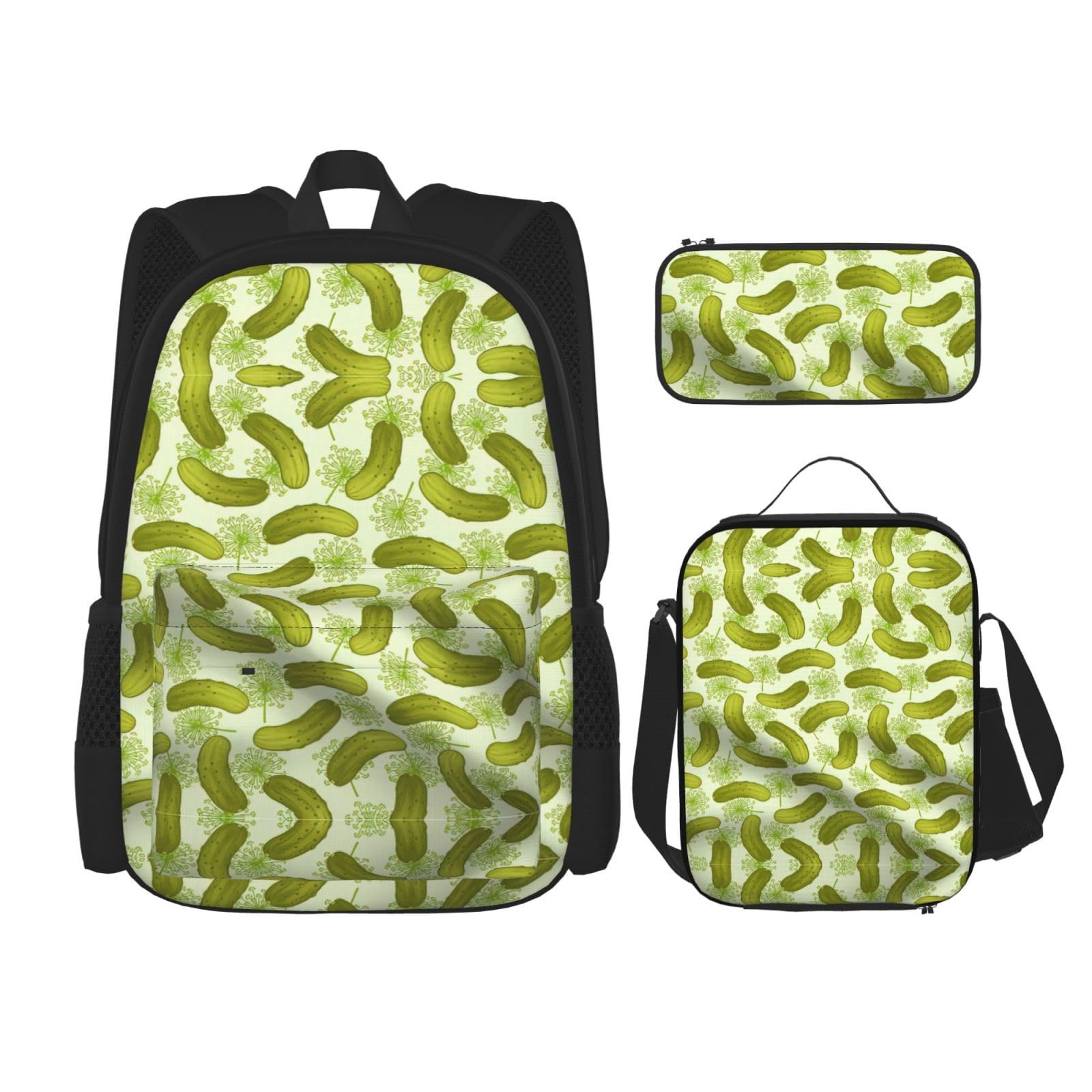 WURTON Sushi Dill Pickles Print Lunchbox Federmäppchen Rucksack Set 3 Stück Verstellbare Träger Langlebig Leicht Schwarz Einheitsgröße, Schwarz, One Size