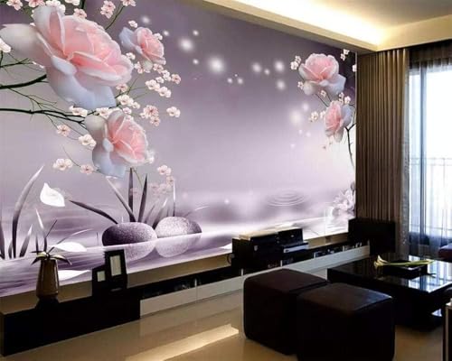 Rosa Rosen Pfirsichblüten Steine 3D Tapete Poster Restaurant Schlafzimmer Wohnzimmer Sofa TV Dekorative Wand-150cm×105cm