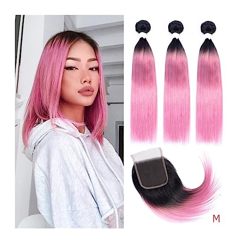 Human Hair Bundles Rosa-rote Haarbündel mit 4x4-Verschluss, transparente Spitze, gerade, 10–22 Zoll, rosarote Remy-Echthaarverlängerungen, gerade Bündel Haarteil Extensions(Color:16 16 with 14)