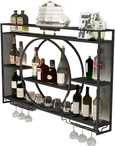 BFVAKBKYT Hängende industrielle runde Weinregale, 3-lagiges, rundes Weinregal, Metall, mit Glashalter, for Küche und Wohnzimmer(Black,55.1inch/140cm)