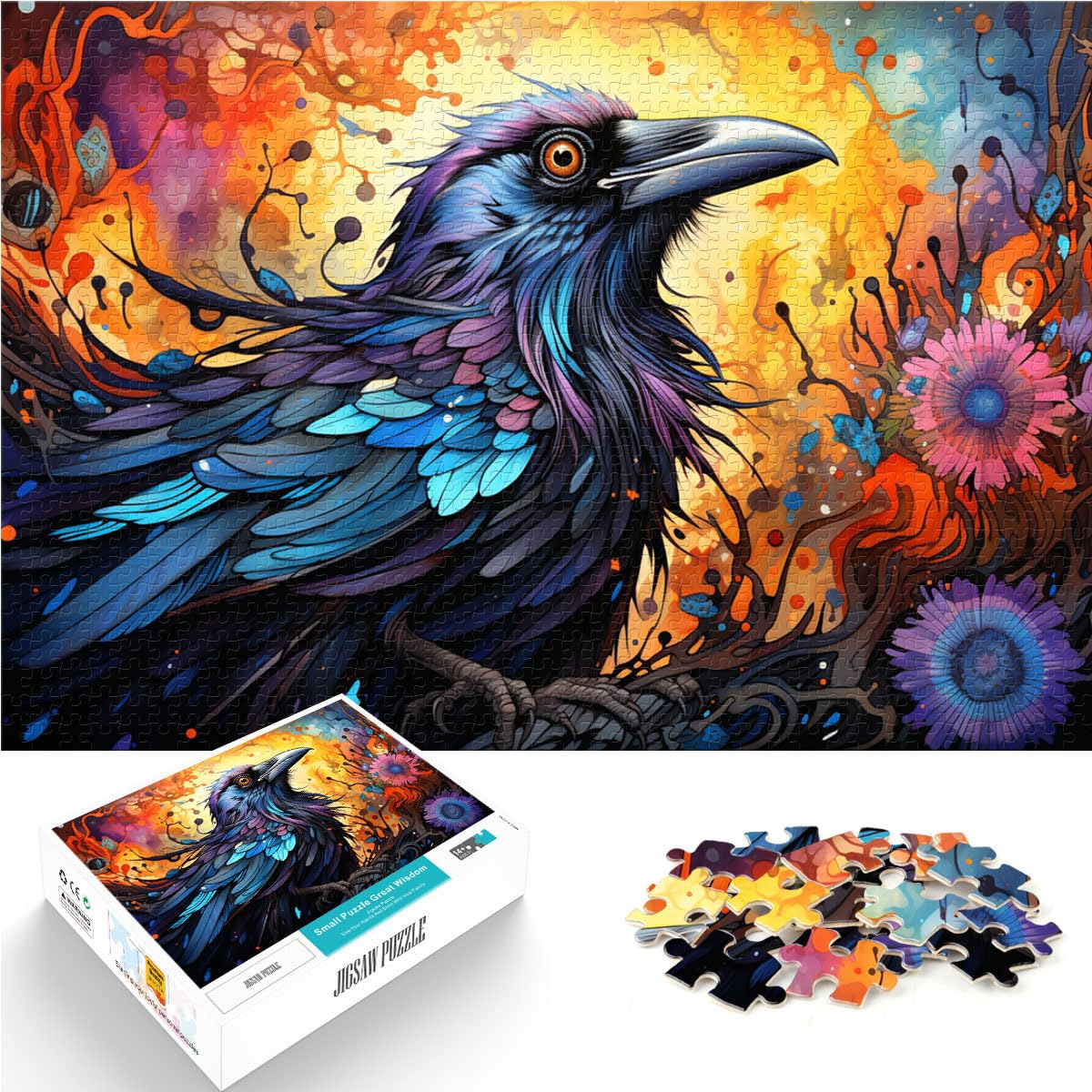 Puzzles für Fantasie, Bunte Krähe, 1000-teiliges Puzzle für Erwachsene aus Holz, ganze Familie, und Dieses 1000-teilige Puzzle (50 x 75 cm)