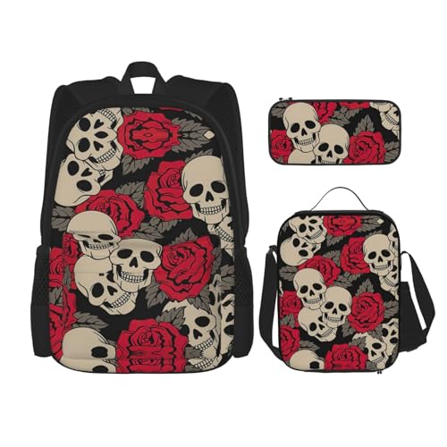 WURTON Schulrucksack-Set mit schwarzem Totenkopf mit Rosen-Aufdruck, 3-in-1-Büchertaschen-Set mit Lunchbox, Federmäppchen, Reise-Laptop-Tagesrucksäcke