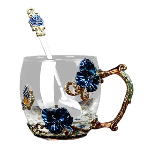 Praktisches Glas Emaille Becher Geschenkset Schmetterlinge Emaillierte Glasbecher Blumen Verzierter Glas Wasserbecher Mit Löffel