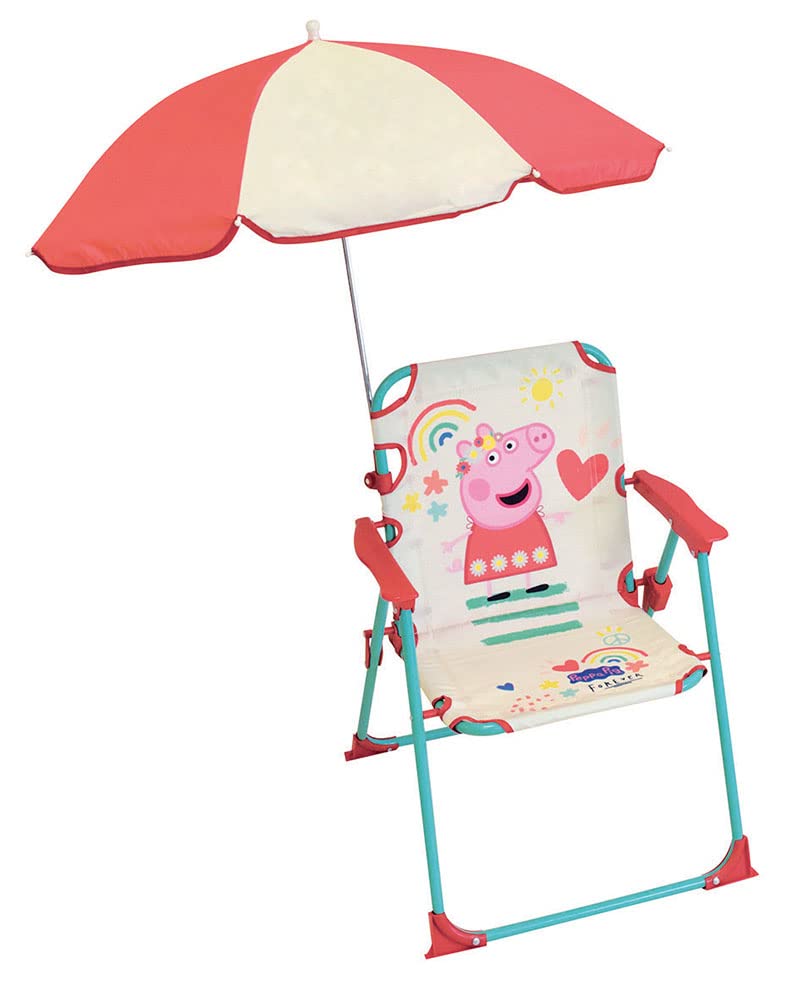 Fun House Kinder Peppa Pig Klappstuhl, Camping, Maße: H 38,5 x T 38,5 x T 37,5 cm + Sonnenschirm Ø 65 cm, Mehrfarbig