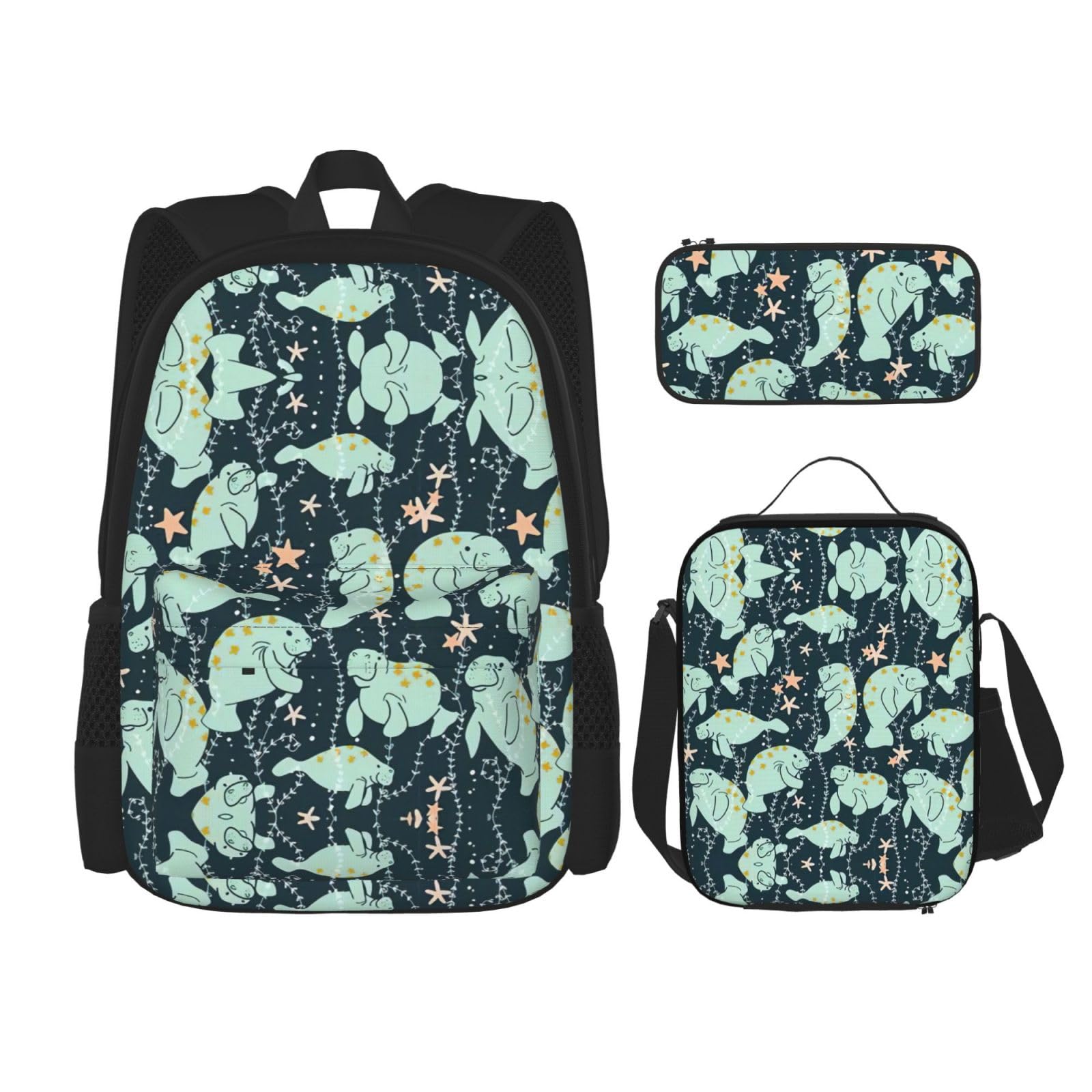 WURTON Manatee Animals Calf Print Trendy Rucksack Taschen Lunchbox und Federmäppchen 3-in-1 verstellbares Rucksack-Set, Schwarz, Einheitsgröße, Schwarz , Einheitsgröße