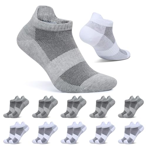 FALARY Sportsocken Damen 35-38 Sneaker Socken Herren Weiß Grau Kurze Socken 10 Paar Baumwolle Atmungsaktive Laufsocken Unisex