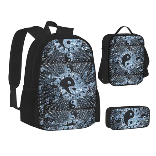 WURTON Büchertasche mit Dampfzug und Wolken-Druck, Teenager, Lunch-Tasche, Federmäppchen, 3-in-1, Schulrucksack-Set, Kinderrucksack, Ying-Yang-Diagramm., Einheitsgröße