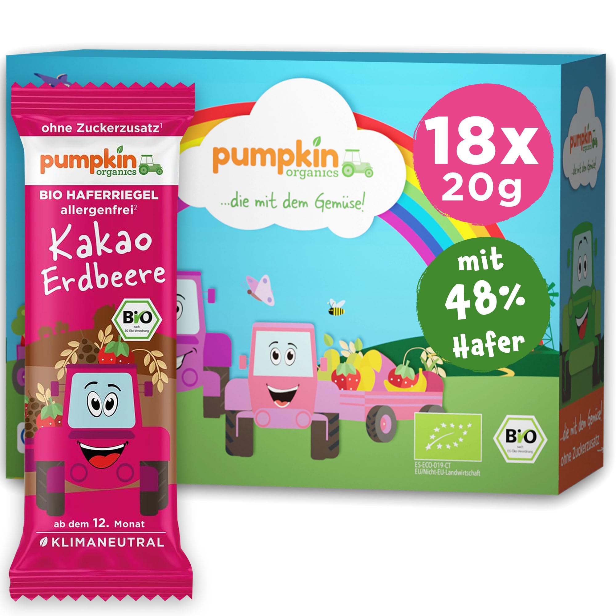 Pumpkin Organics Bio Haferriegel Kakao Erdbeere (18x20g) Haferriegel ohne Zuckerzusatz¹ ab dem 12. Monat - allergenfreie² und glutenfreie³ Baby- und Kindersnacks