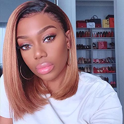 Perücken Highlight Bob Perücke Gerade Spitze Verschluss Menschliche Haare Perücken Kurze Bob Ombre Haar Perücke Mittelteil Brazilian Remy Spitze Perücke for Frauen 150% Dichte Damenperücke (Size : T1