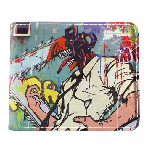 RYNDEX Chains-aw Man Brieftasche Anime, Cartoon-Druck Geldbörse Klein, PU Leder Münzbörse Wallet mit Sichtfenster(Color:Multicolor 13)