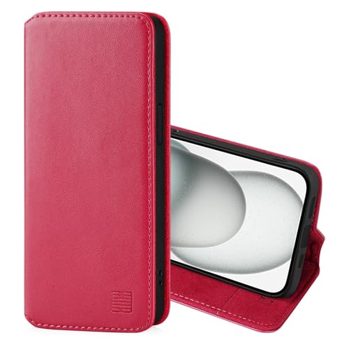 32nd Klassische Serie 2.0 - Lederhülle Case Cover für Apple iPhone 15 (6.1"), Echtleder Hülle Mit RFID-Blockierung Kartensteckplatz, Magnetverschluss und Standfuß - Rosa Pink