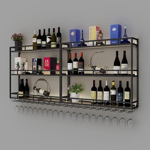 Weinregal mit großem Fassungsvermögen, Wandmontage, Weinflaschen-Glashalter, industrielle Bar, schwebende Wandregale mit LED-Lichtern, Likörflaschen-Ausstellungsregal, moderne