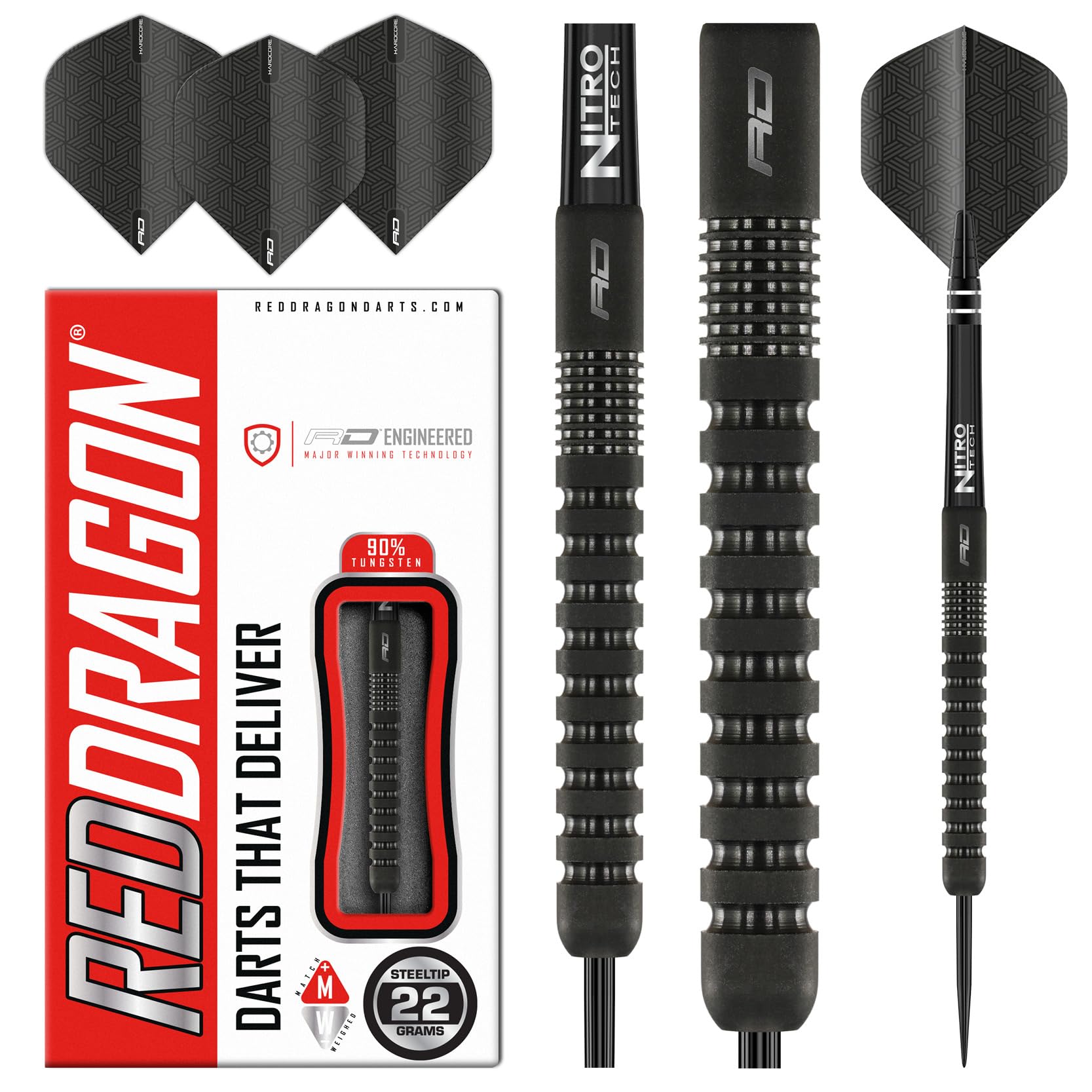 RED DRAGON Phantom - 22 gram Tungsten Professional Darts Set with Flights and Nitrotech Shafts (Stems)