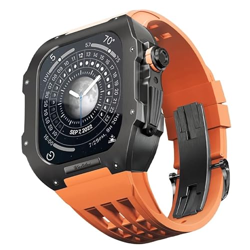 KANUZ Luxus-Uhrenarmband für Apple Watch 6/5/SE/4 Serie, Titangehäuse + Fluorkautschuk, Luxus-Uhrenarmband für iWatch 44 mm, Retrofit-Kit, Upgrade-Uhrenarmband und Gehäuse (Farbe: Orange 1, Größe: 44