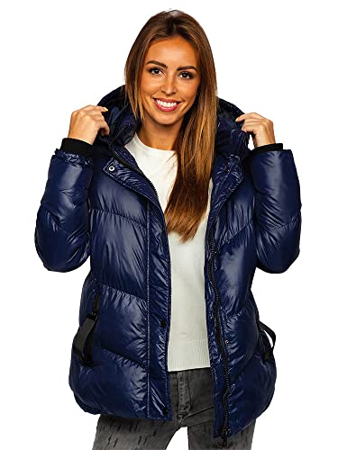 BOLF Damen Winterjacke Steppjacke mit Kapuze Daunenjacke Reißverschluss Sportjacke Zip Wärme Freizeit Outdoor Basic Casual Style 23065 Dunkelblau M [D4D]