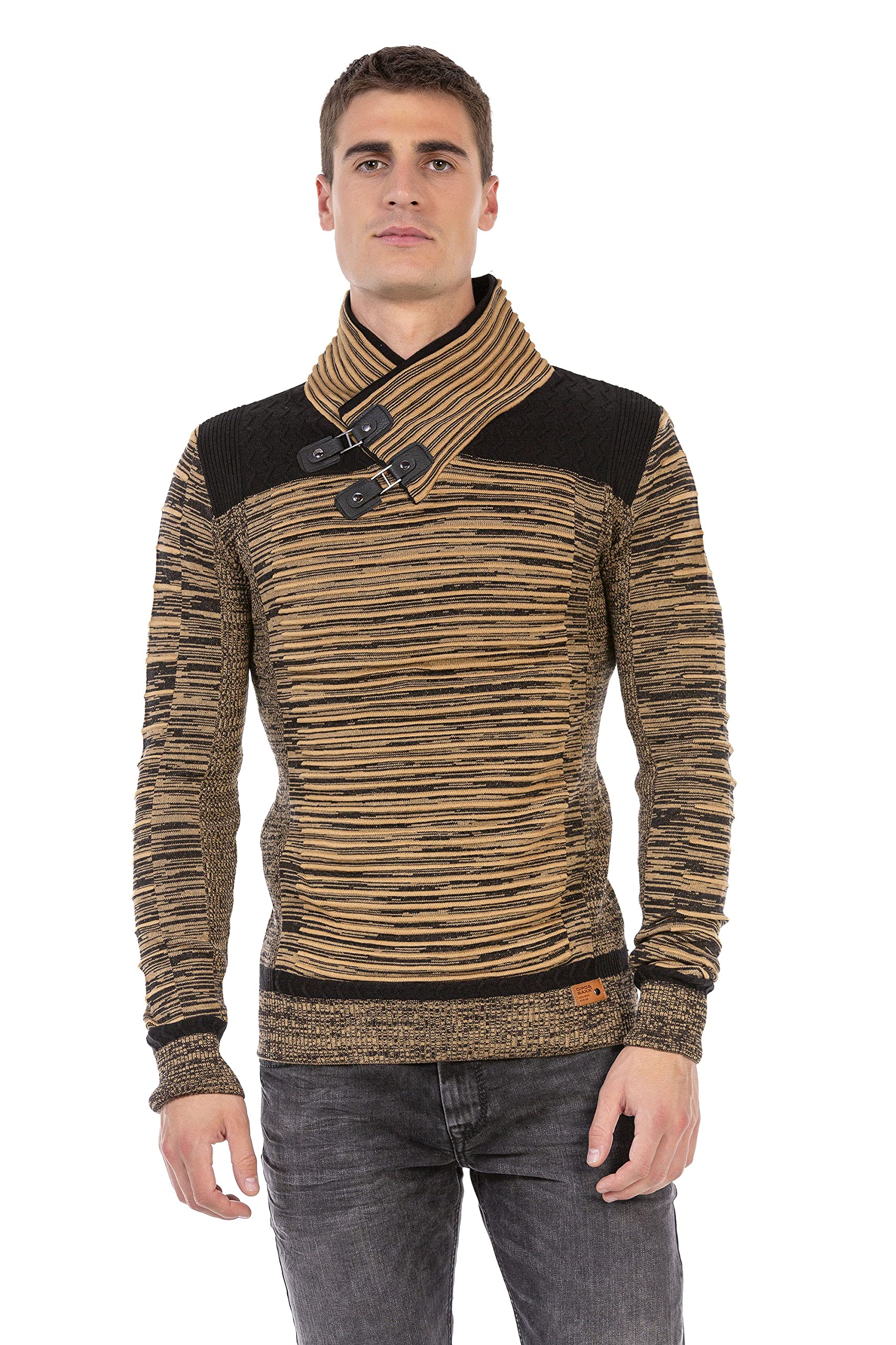 Cipo & Baxx Herren Fein Strick Pullover Grob Schalkragen Riemen Meliert Pulli Sweater CP251 Camel-Schwarz S